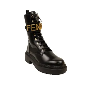 Black Leather Fendigraphy Combat Boots