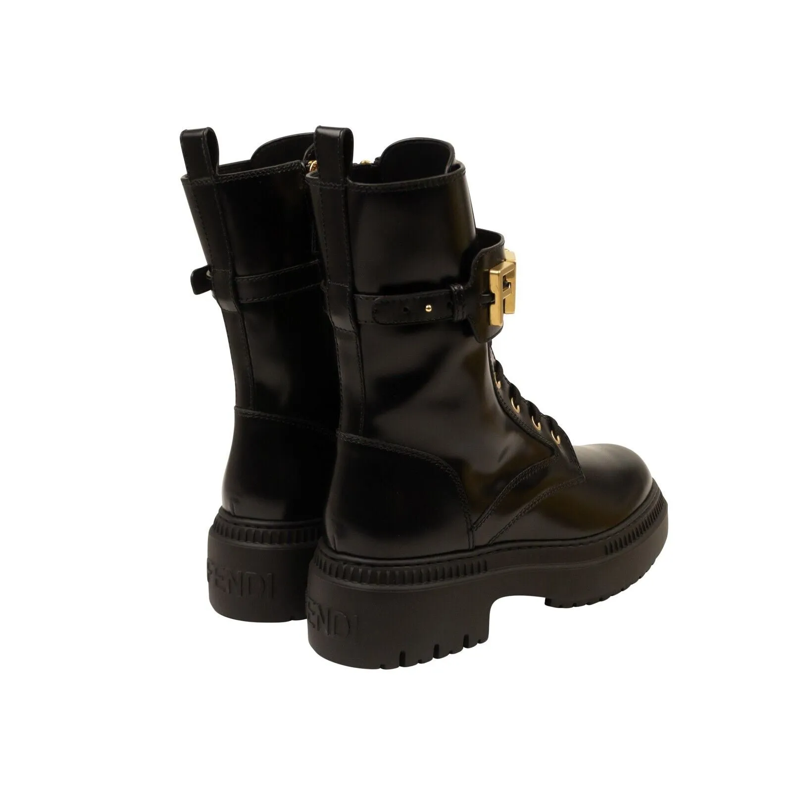Black Leather Fendigraphy Combat Boots