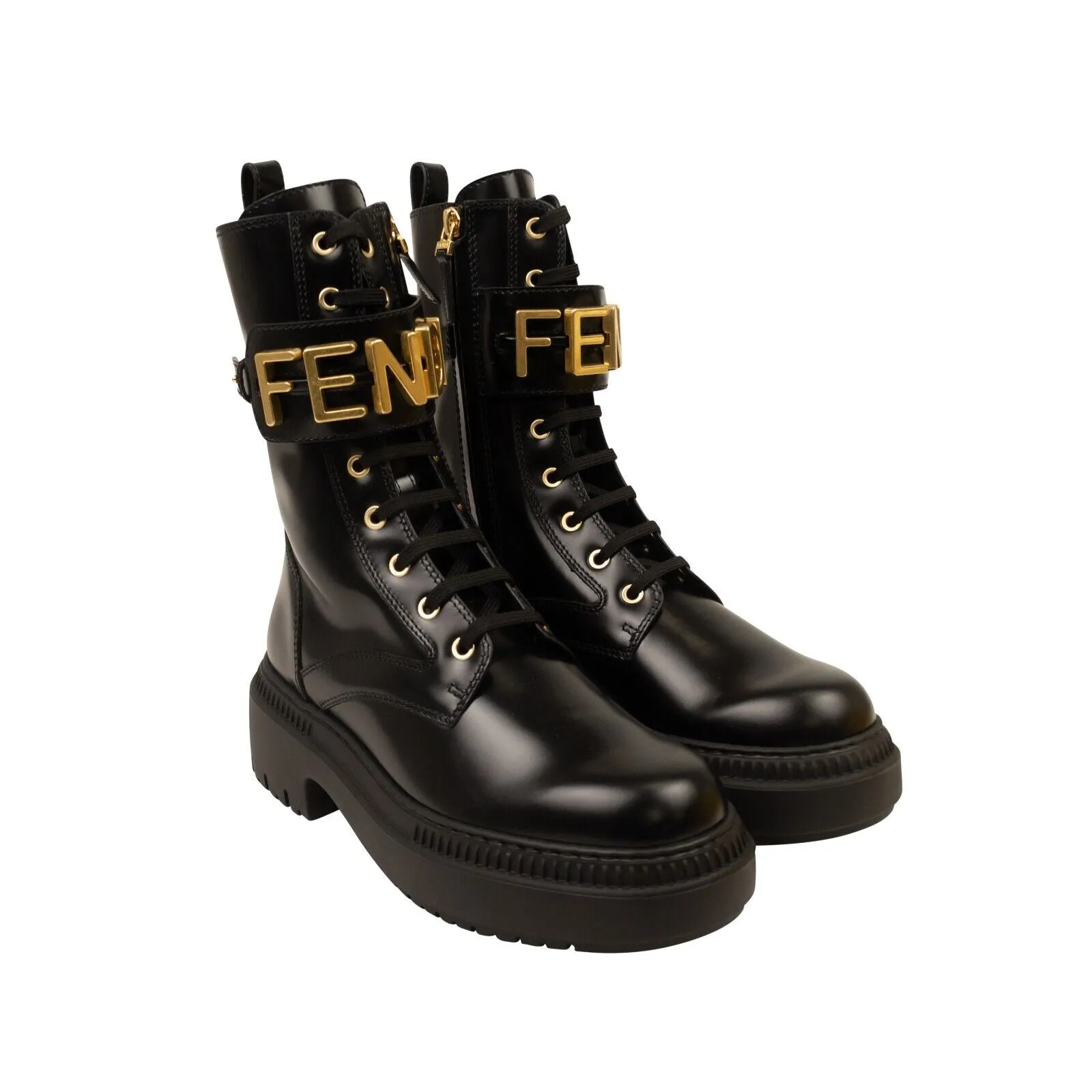 Black Leather Fendigraphy Combat Boots