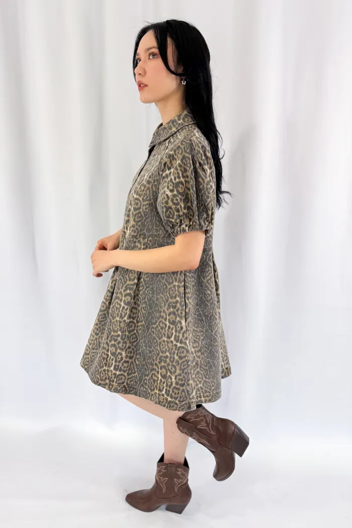 Button Leopard Denim Dress