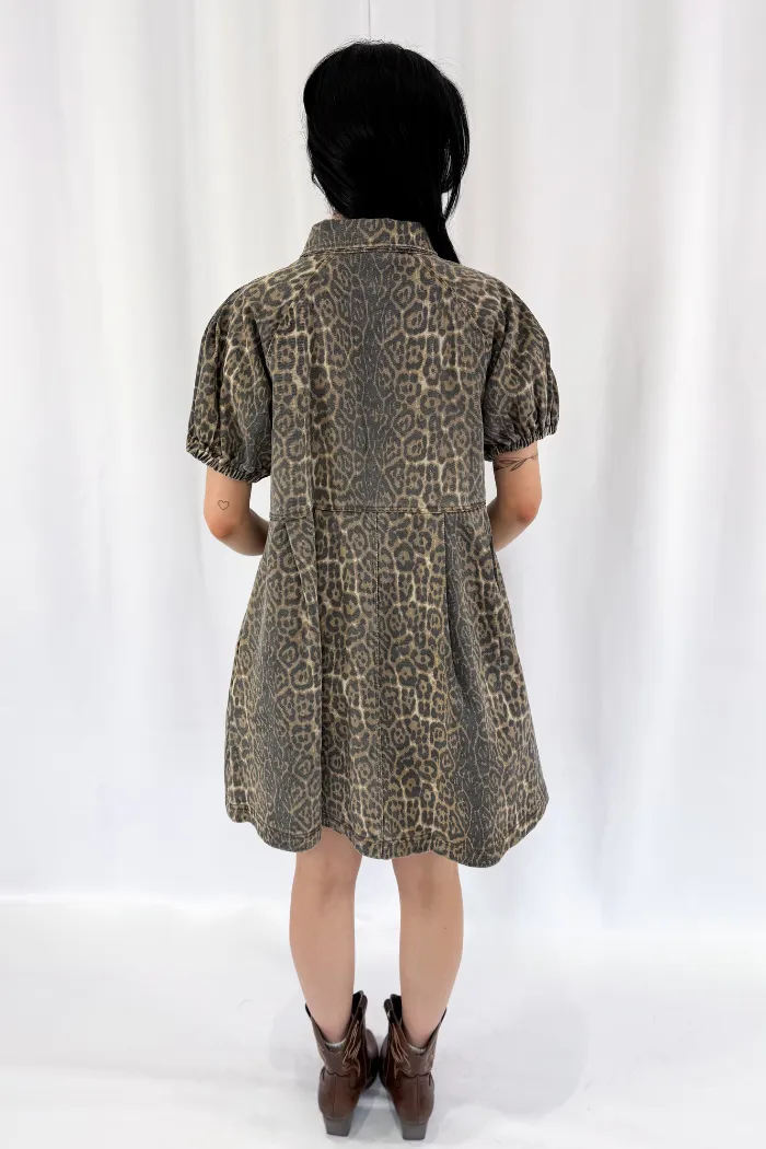 Button Leopard Denim Dress
