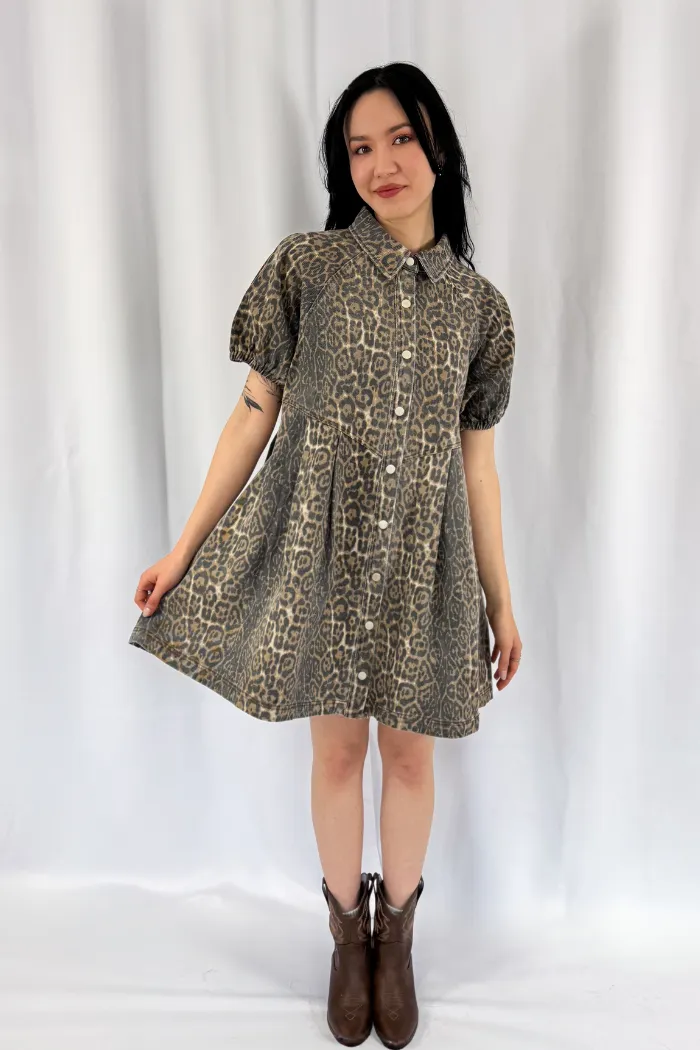 Button Leopard Denim Dress