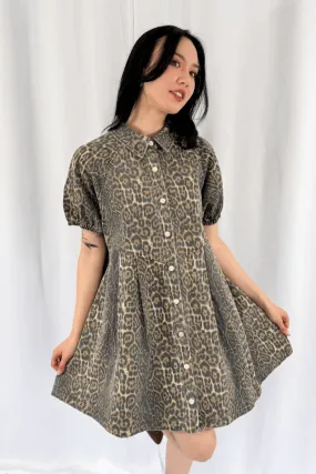 Button Leopard Denim Dress