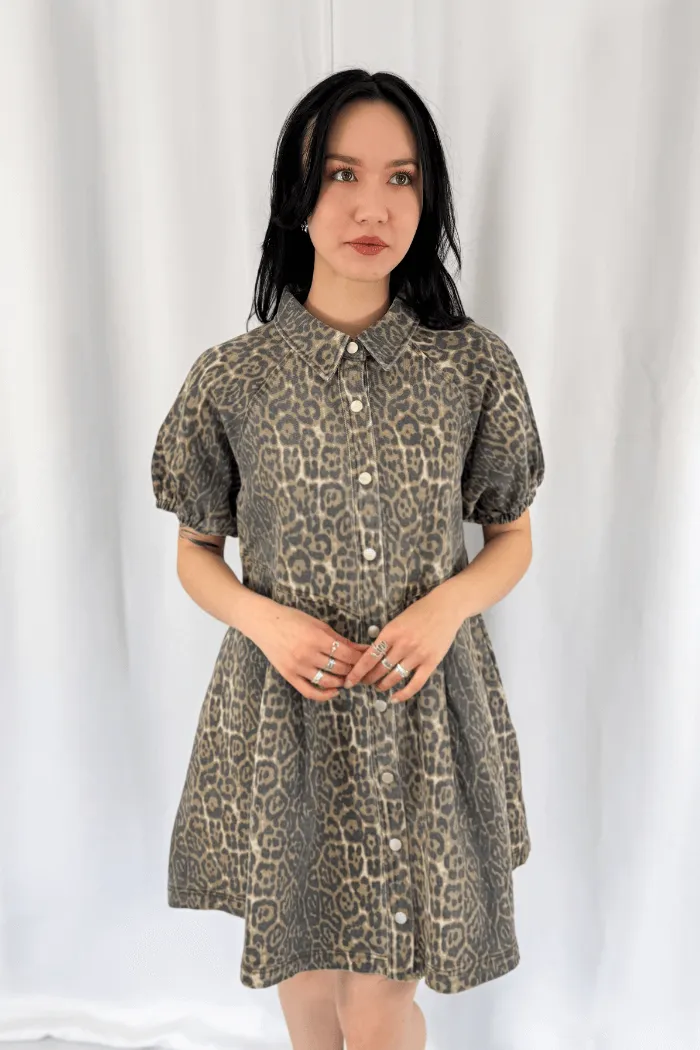 Button Leopard Denim Dress
