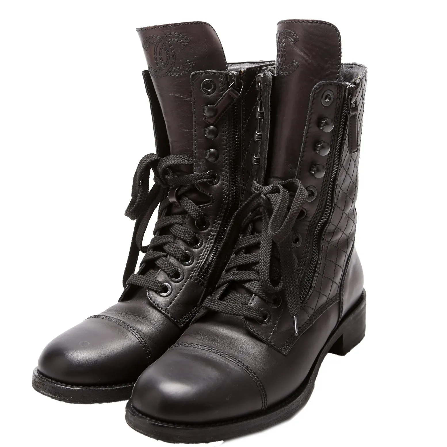 CC Quilted Calfskin Combat Boots Size 39 Black