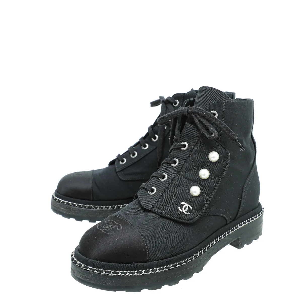 Chanel Black CC Fabric Pearl Combat Short Boots 37.5