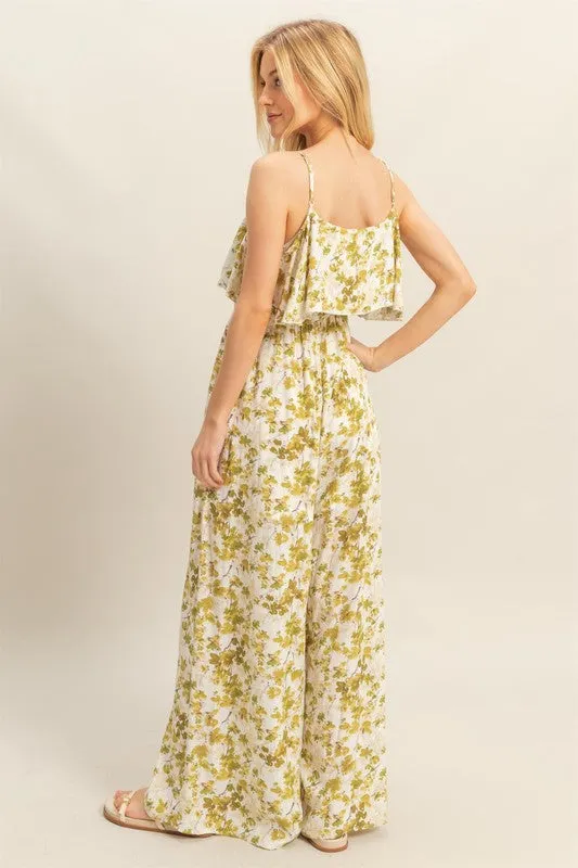 Green Floral Spaghetti Strap Wide Leg Jumpsuit
