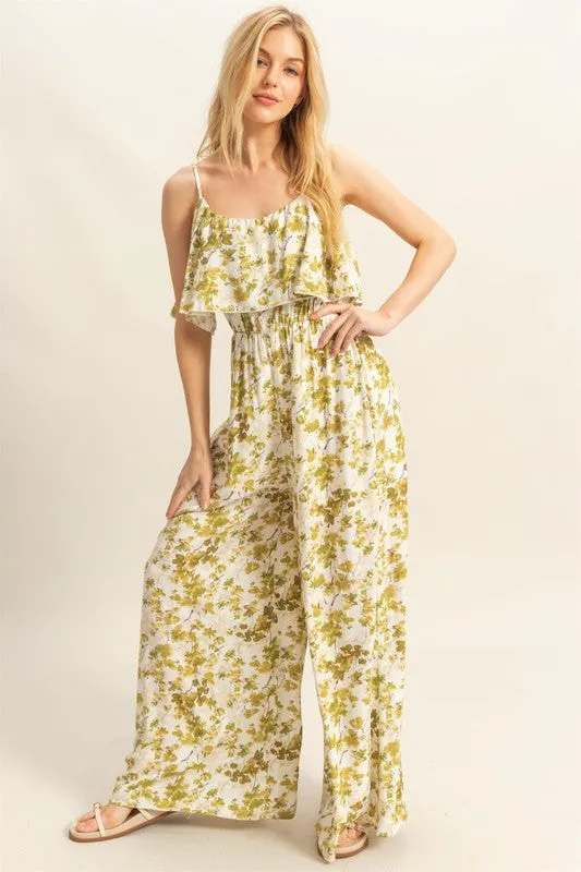 Green Floral Spaghetti Strap Wide Leg Jumpsuit
