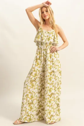 Green Floral Spaghetti Strap Wide Leg Jumpsuit