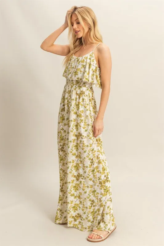 Green Floral Spaghetti Strap Wide Leg Jumpsuit