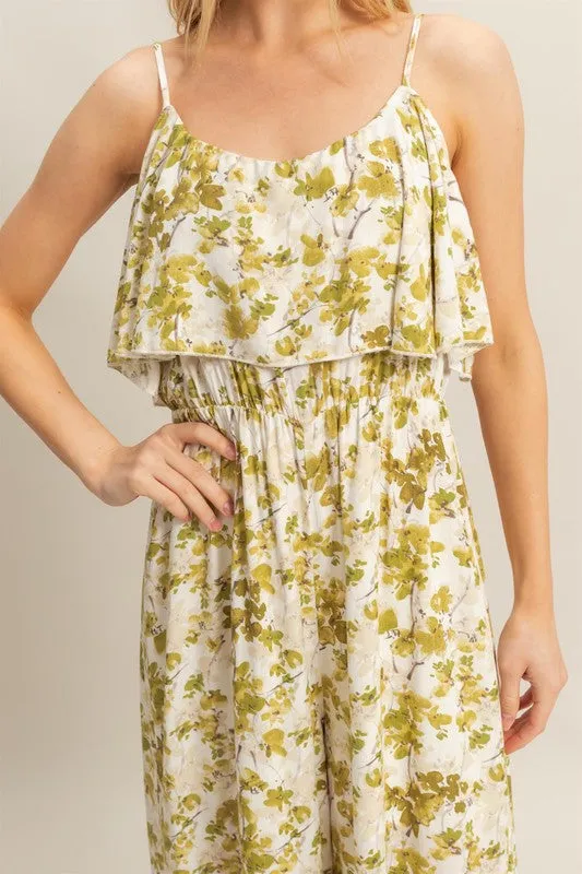 Green Floral Spaghetti Strap Wide Leg Jumpsuit