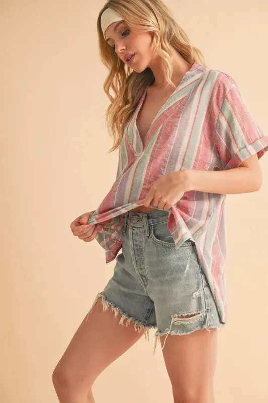 Pastel Multicolor Striped Cotton Side Slit Blouse – Short Sleeve Relaxed Fit Top