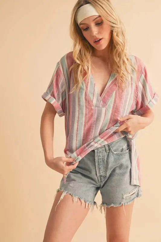 Pastel Multicolor Striped Cotton Side Slit Blouse – Short Sleeve Relaxed Fit Top