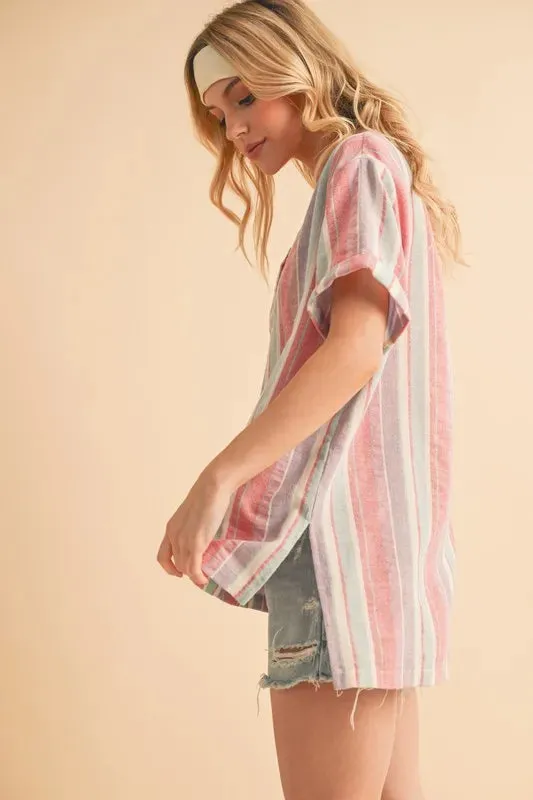 Pastel Multicolor Striped Cotton Side Slit Blouse – Short Sleeve Relaxed Fit Top