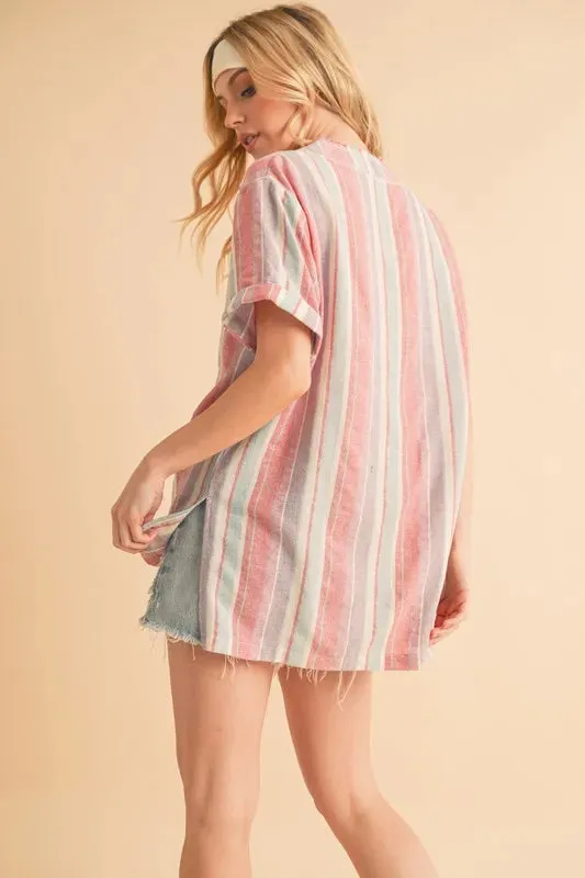 Pastel Multicolor Striped Cotton Side Slit Blouse – Short Sleeve Relaxed Fit Top