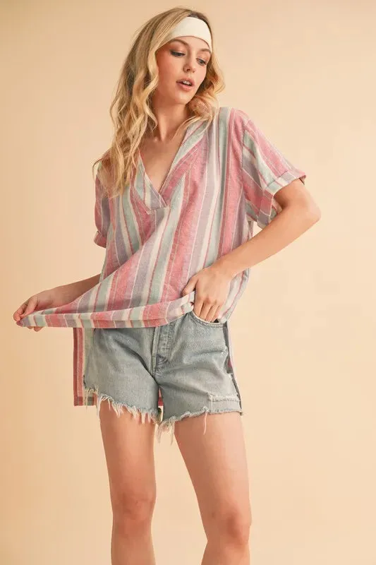Pastel Multicolor Striped Cotton Side Slit Blouse – Short Sleeve Relaxed Fit Top