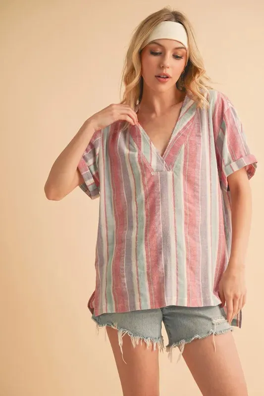 Pastel Multicolor Striped Cotton Side Slit Blouse – Short Sleeve Relaxed Fit Top
