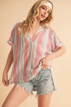Pastel Multicolor Striped Cotton Side Slit Blouse – Short Sleeve Relaxed Fit Top