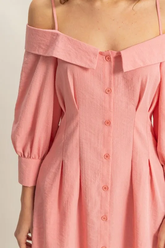 Petal Pink Button-Down Spaghetti Strap Mini Dress