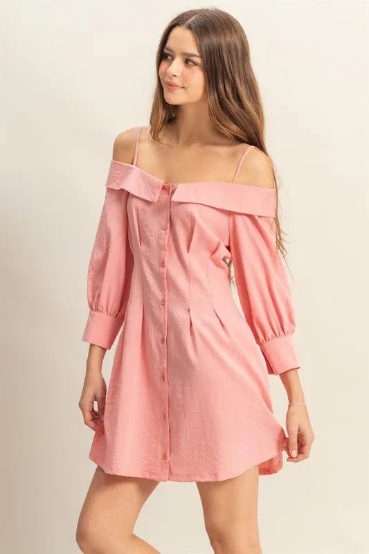 Petal Pink Button-Down Spaghetti Strap Mini Dress