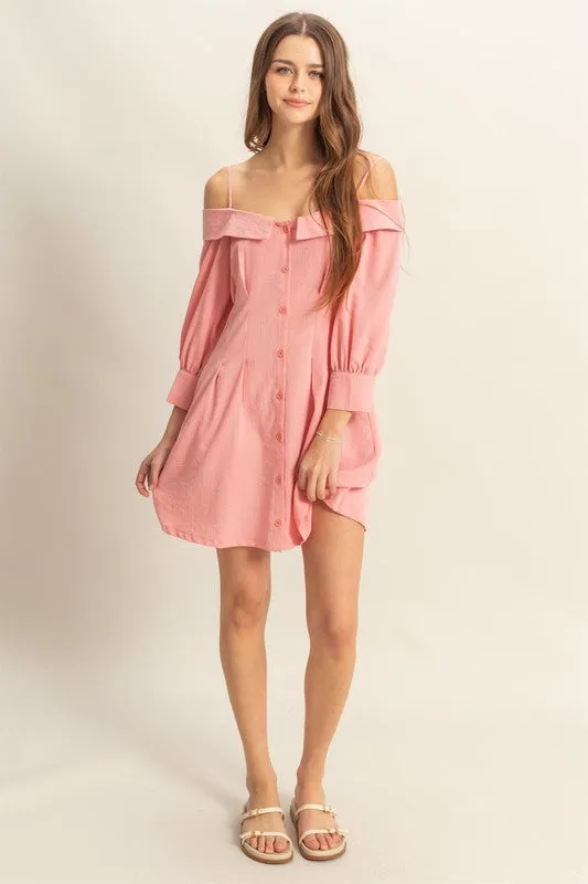 Petal Pink Button-Down Spaghetti Strap Mini Dress