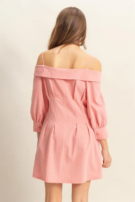 Petal Pink Button-Down Spaghetti Strap Mini Dress