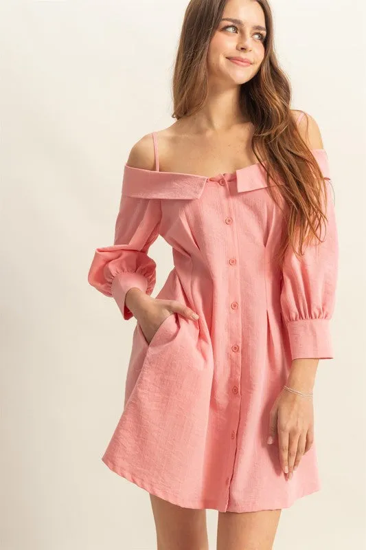 Petal Pink Button-Down Spaghetti Strap Mini Dress