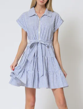 Short Dolman Sleeve Center Front Zipper Tiered Stripe Mini