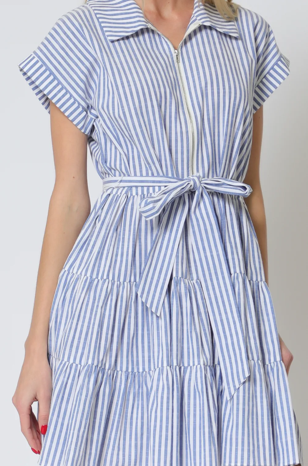 Short Dolman Sleeve Center Front Zipper Tiered Stripe Mini