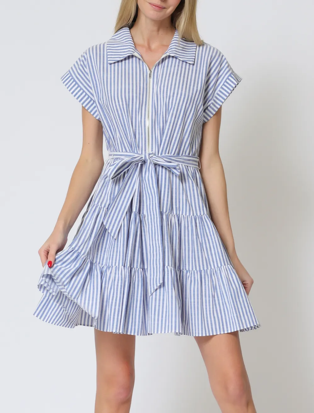 Short Dolman Sleeve Center Front Zipper Tiered Stripe Mini