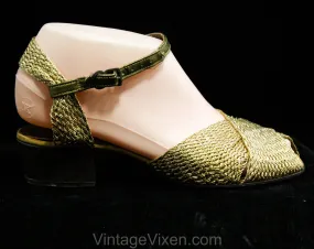 Size 4.5 Shoes - Hollywood Style 1940s 50s Woven Gold Sandals - 4 1/2 Peep Toe Metallic Summer Sandals - 40s Glamour Girl NOS Deadstock