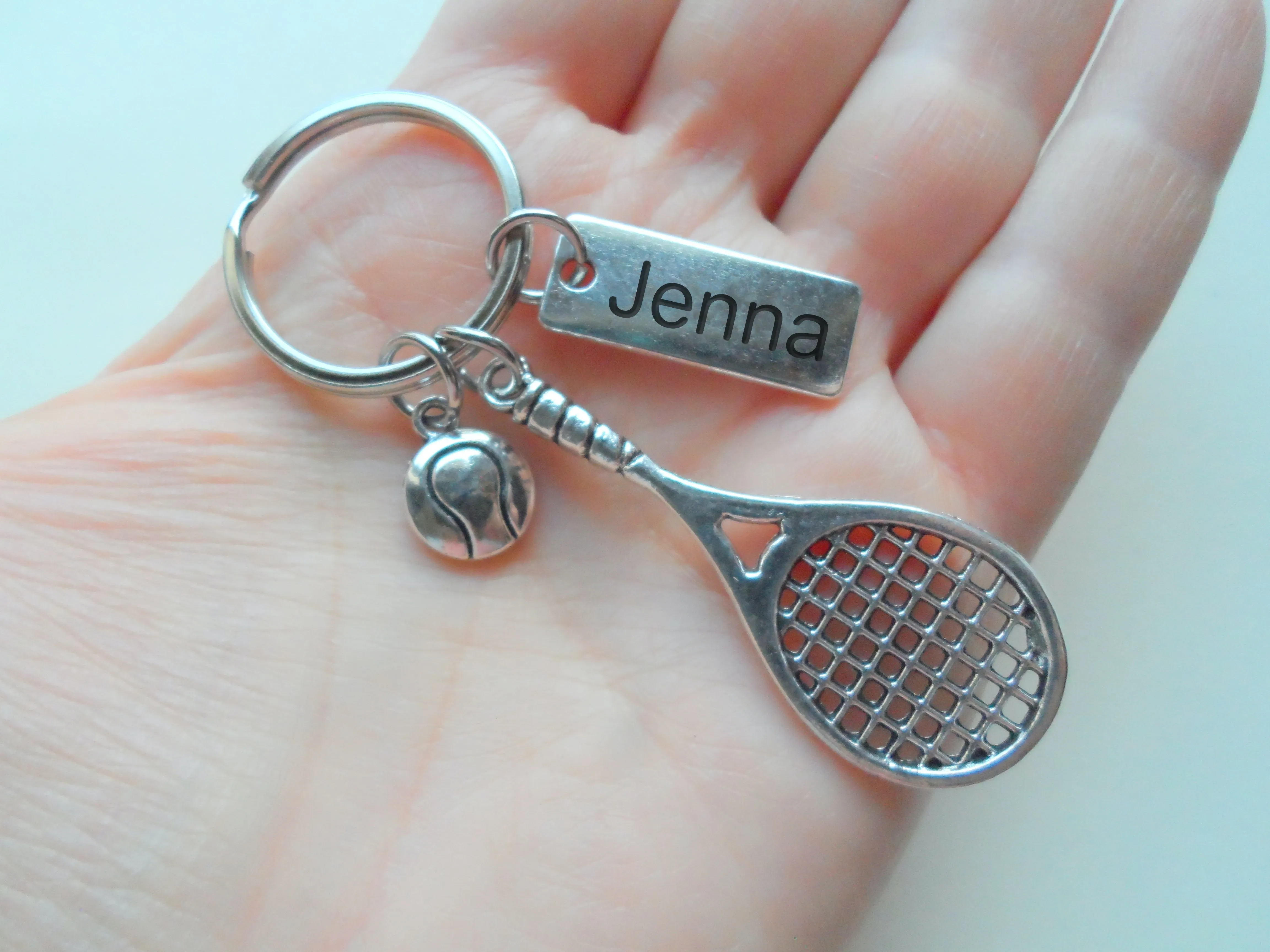 Tennis Charm Keychain with Steel Tag Custom Engraved, Tennis Racquet & Ball, For Student or Coach