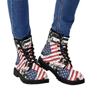 USA Flag Print on Demand Artwork Women's Fur Trimmed Combat Style Boots