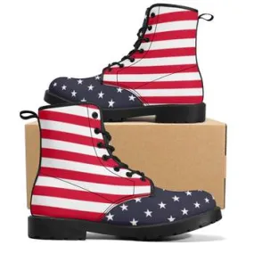 USA Flag Print on Demand Artwork Women's Fur Trimmed Combat Style Boots