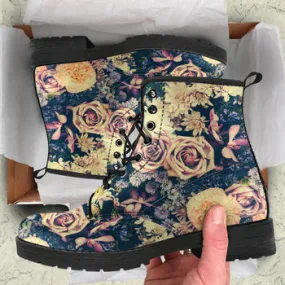 Vintage Flowers Print on Demand Artwork Women's Fur Trimmed Combat Style Boots