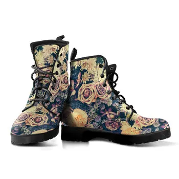 Vintage Flowers Print on Demand Artwork Women's Fur Trimmed Combat Style Boots