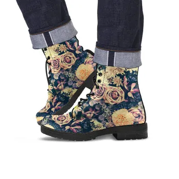 Vintage Flowers Print on Demand Artwork Women's Fur Trimmed Combat Style Boots
