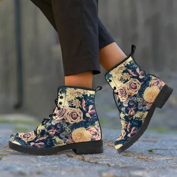 Vintage Flowers Print on Demand Artwork Women's Fur Trimmed Combat Style Boots